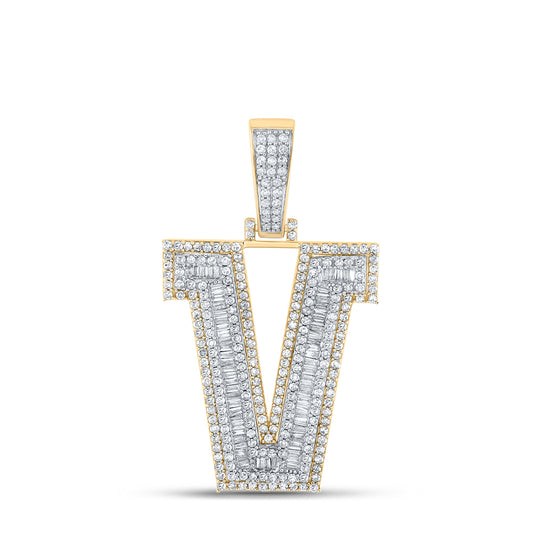 1.96 Ctw Natural Diamond Block Initial Letter Alphabet V Pendant in 14k Two-tone Gold