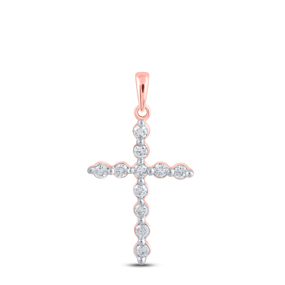 0.35 Ctw Natural Diamond One Row Cross Religious Pendant in 10k Rose Gold