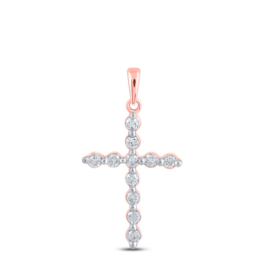 0.35 Ctw Natural Diamond One Row Cross Religious Pendant in 10k Rose Gold