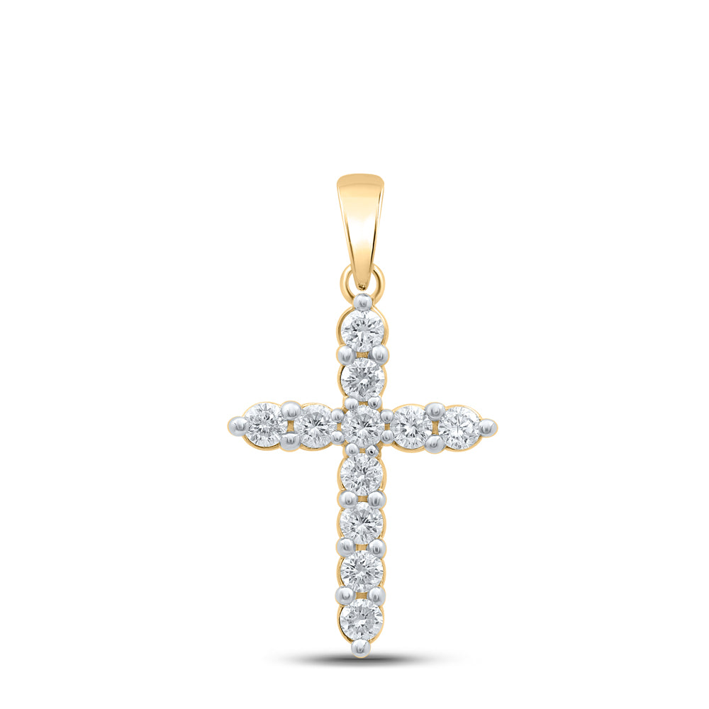 0.49 Ctw Natural Diamond One Row Tennis Cross Pendant in 10k Yellow Gold