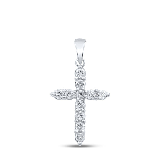 0.49 Ctw Natural Diamond One Row Tennis Cross Pendant in 10k White Gold