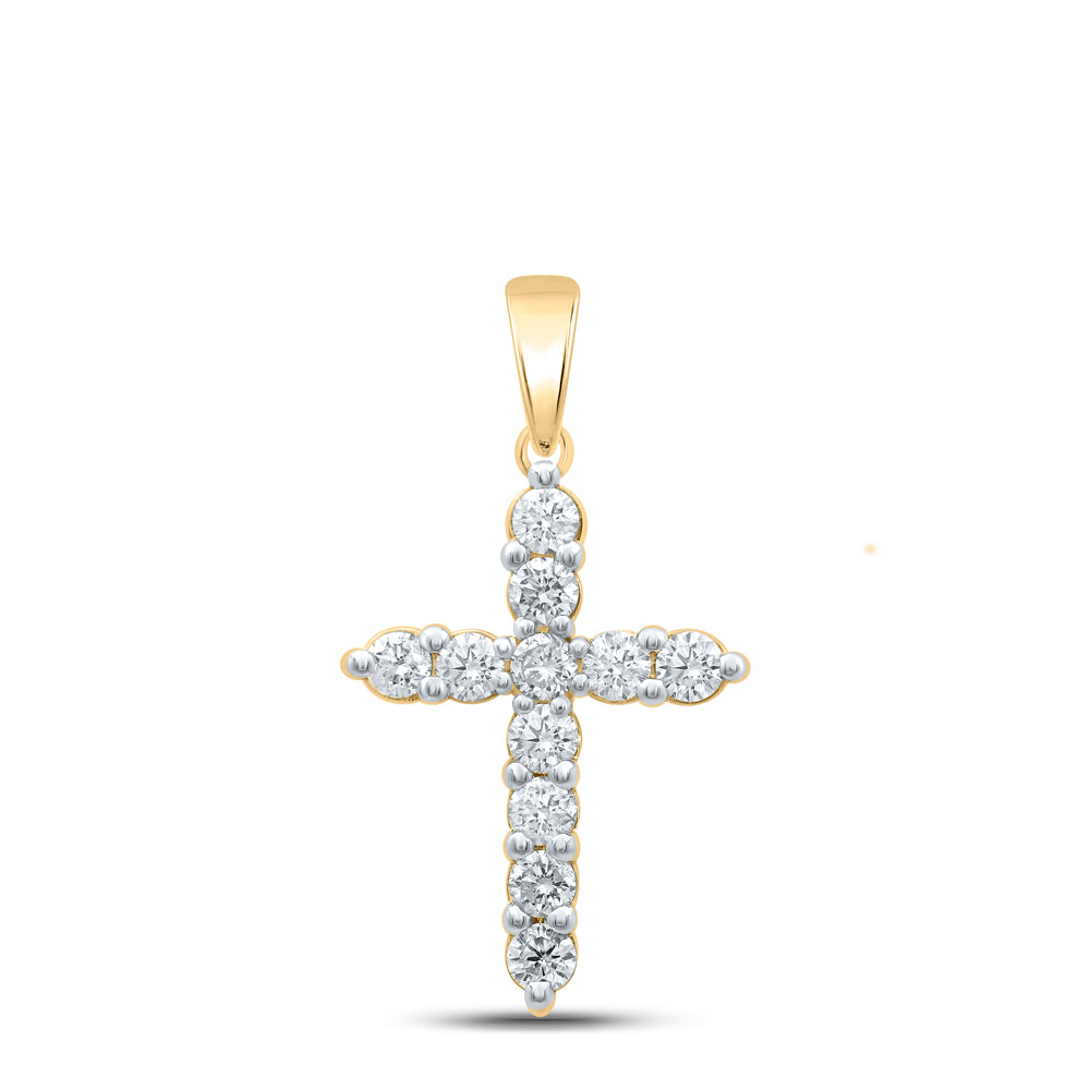 0.96 Ctw Natural Diamond Tennis Cross One Row Pendant in 14k Yellow Gold