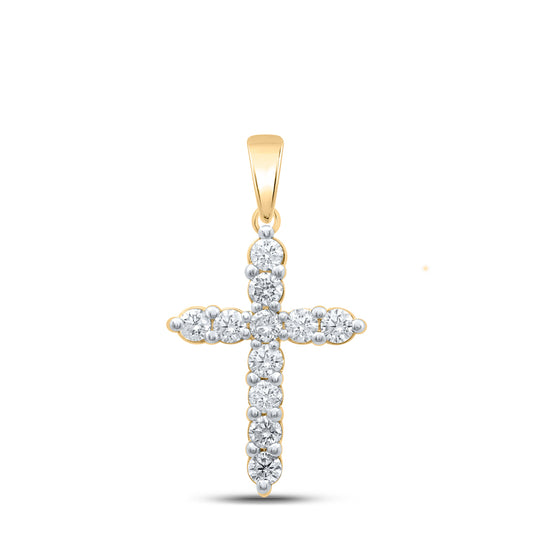 0.96 Ctw Natural Diamond Tennis Cross One Row Pendant in 14k Yellow Gold