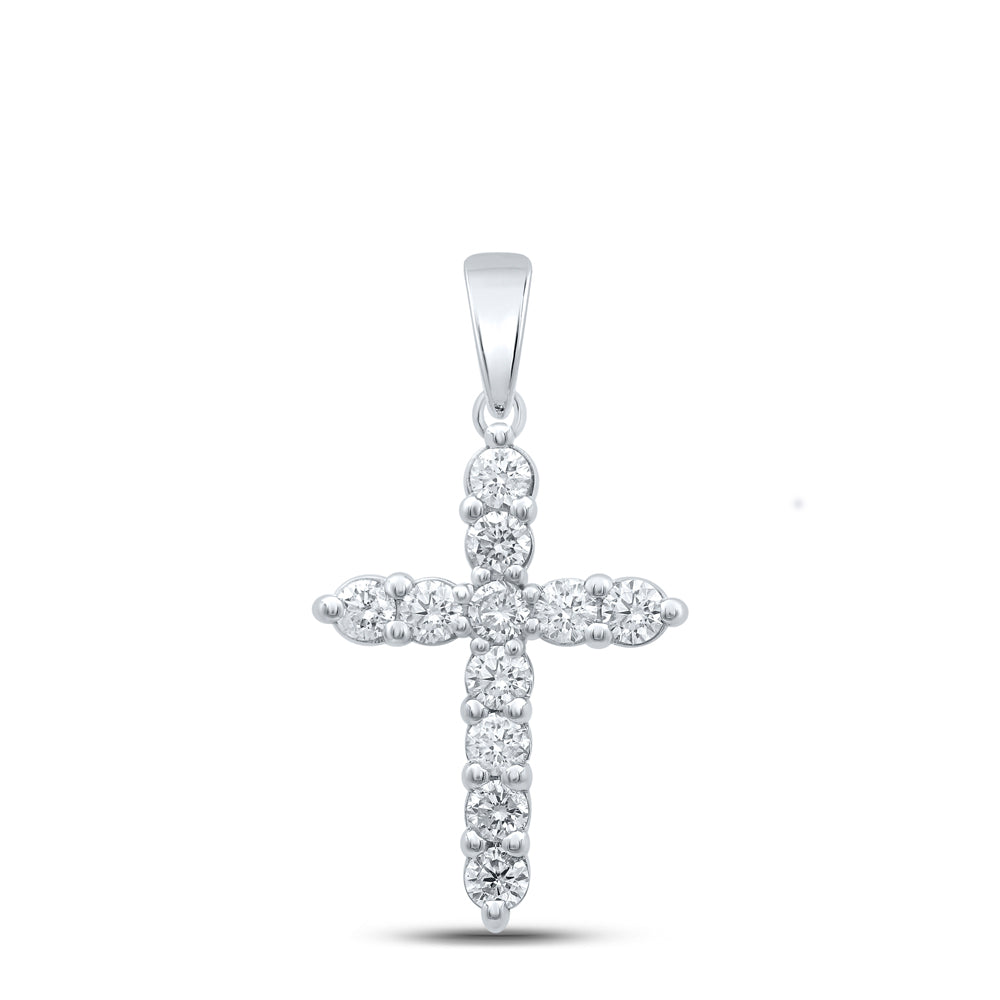 0.96 Ctw Natural Diamond Tennis Cross One Row Pendant in 14k White Gold