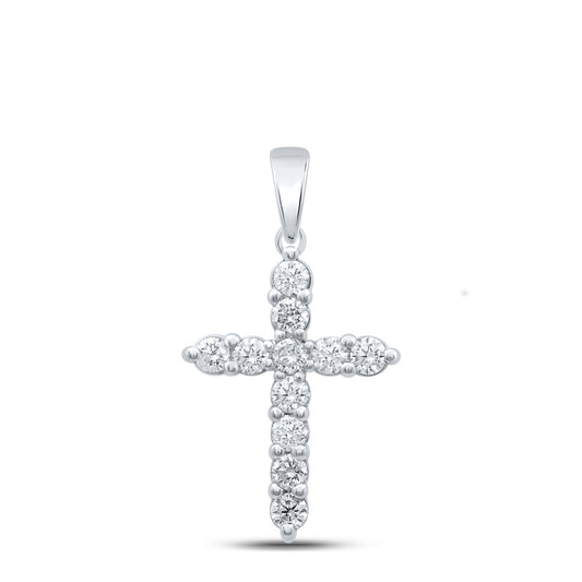 0.96 Ctw Natural Diamond Tennis Cross One Row Pendant in 14k White Gold