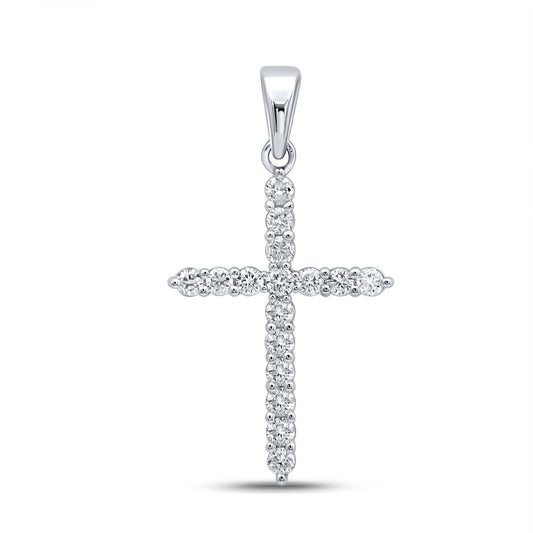 0.27 Ctw Natural Diamond One Row Tennis Cross Pendant in 10k White Gold
