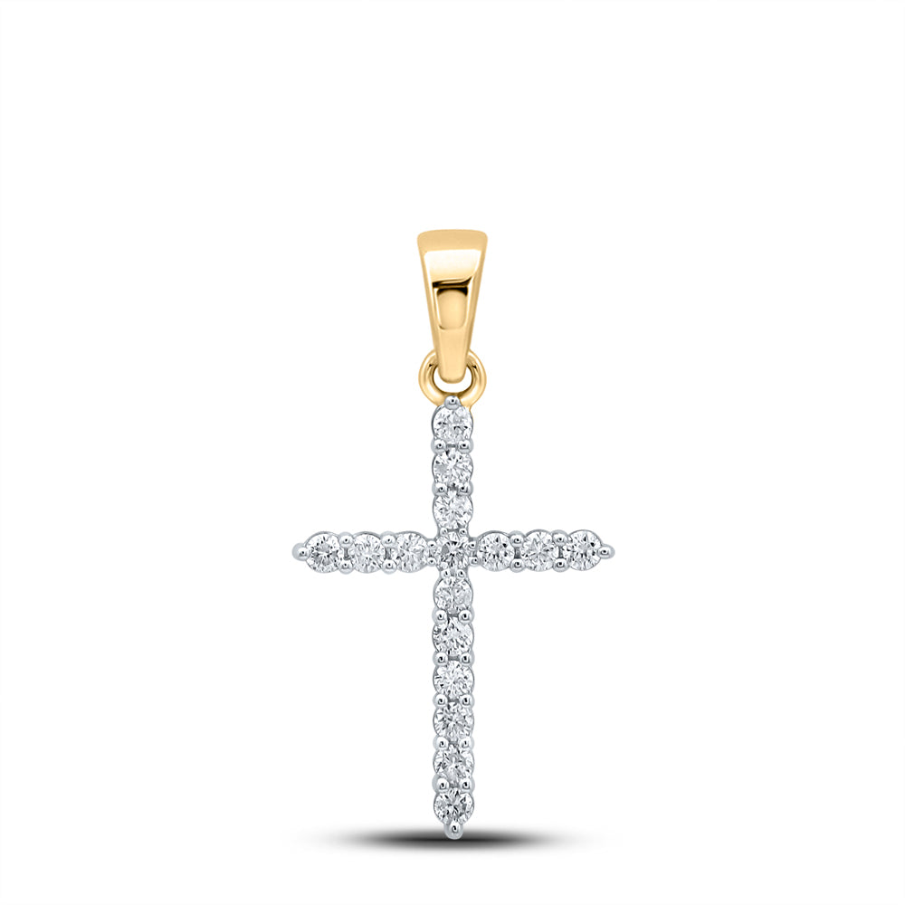 0.51 Ctw Natural Diamond One Row Tennis Cross Pendant in 10k Yellow Gold