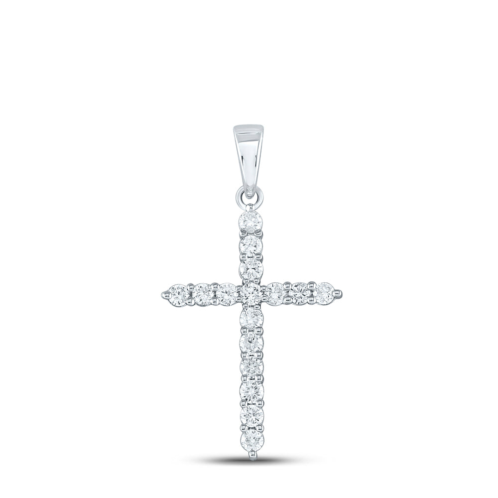 0.51 Ctw Natural Diamond One Row Tennis Cross Pendant in 10k White Gold