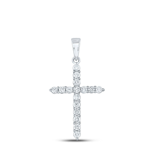 0.51 Ctw Natural Diamond One Row Tennis Cross Pendant in 10k White Gold