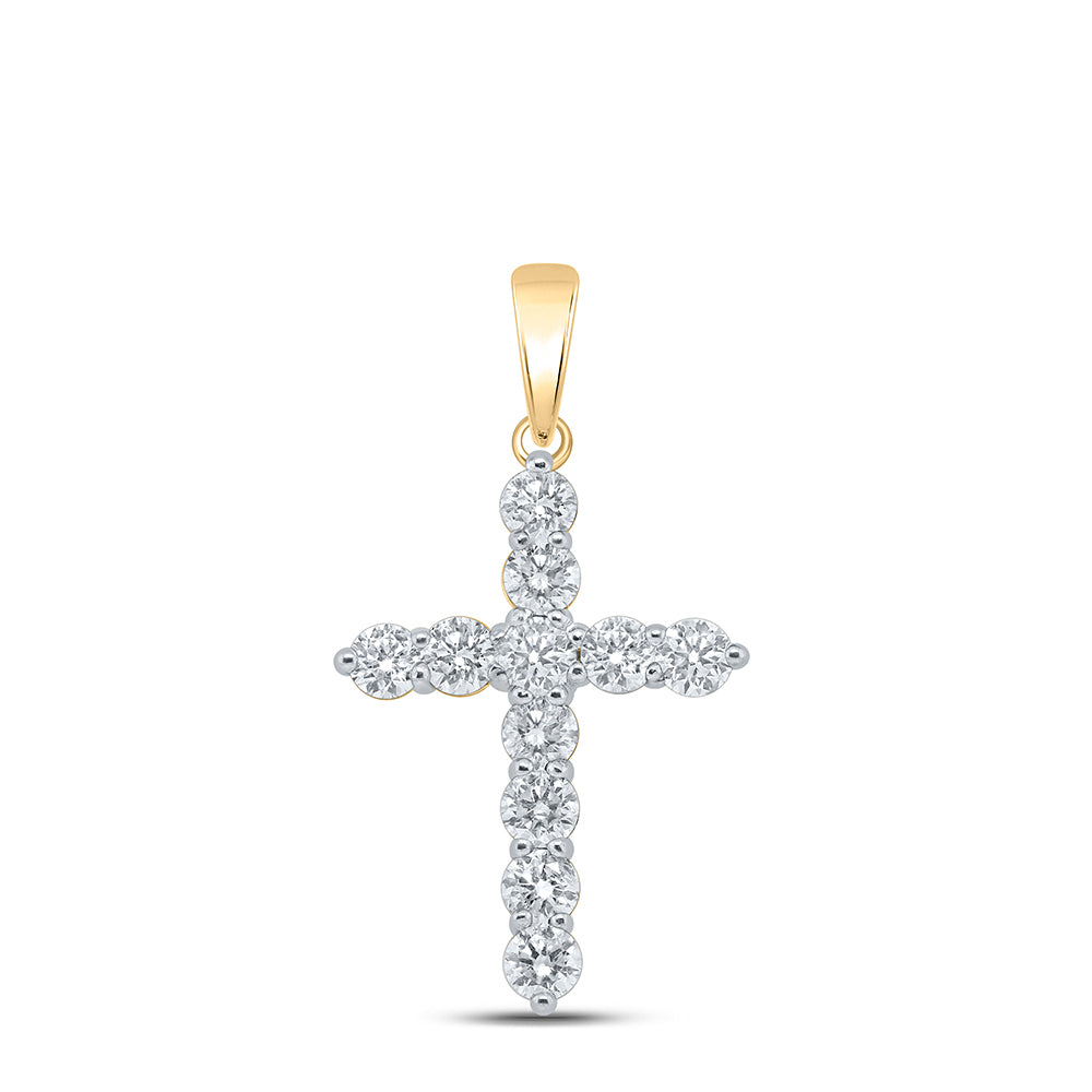 1.48 Ctw Natural Diamond Tennis One Row Cross Pendant in 10k Yellow Gold