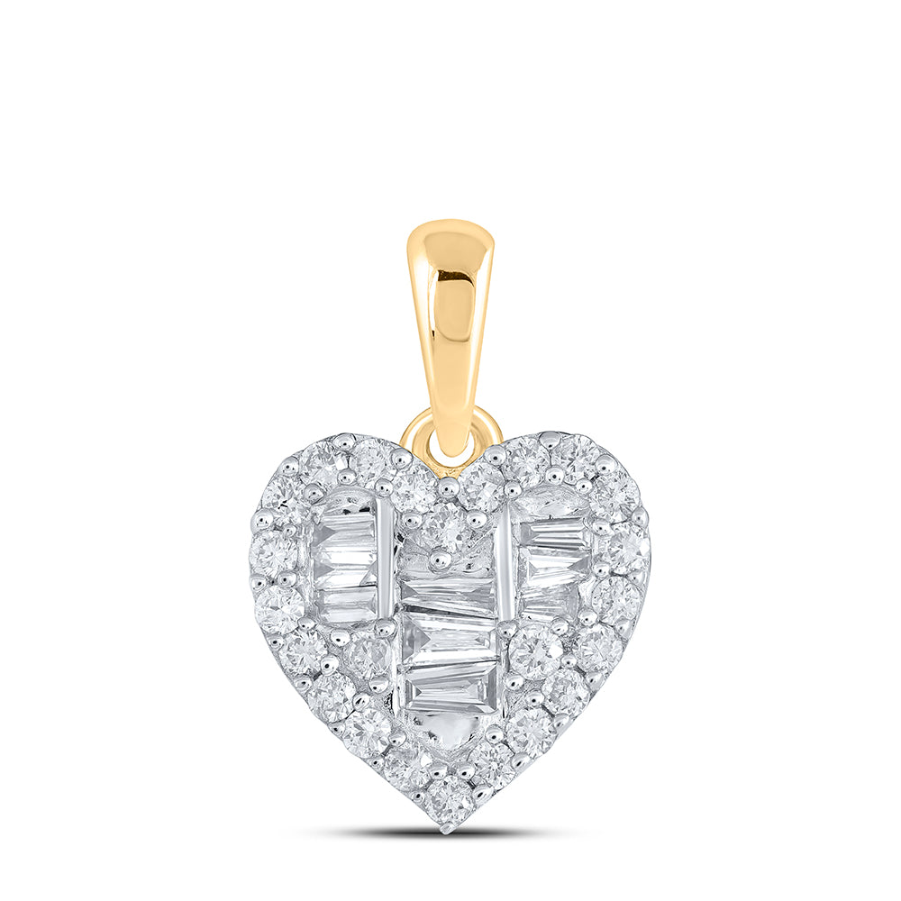 0.38 Ctw Natural Diamond Bagguett Center Heart Pendant in 10k Yellow Gold