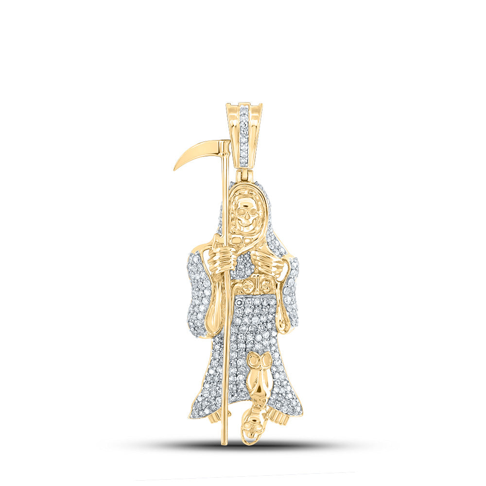 0.8 Ctw Natural Diamond Santa Muerte Grim Reaper Pendant in 10k Yellow Gold