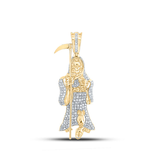 0.8 Ctw Natural Diamond Santa Muerte Grim Reaper Pendant in 10k Yellow Gold