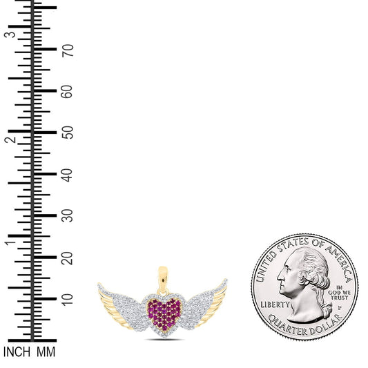0.39 Ctw Natural Diamond Red Heart Wings Pendant in 10k Yellow Gold