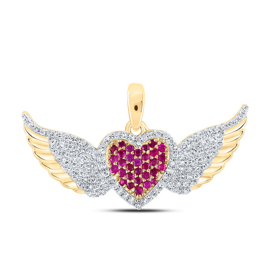 0.39 Ctw Natural Diamond Red Heart Wings Pendant in 10k Yellow Gold