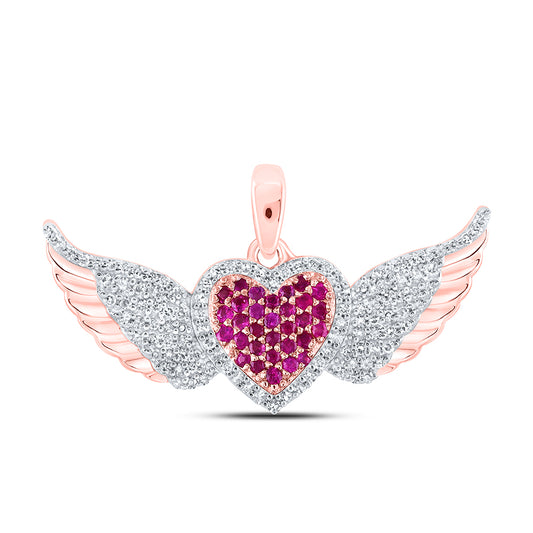 0.44 Ctw Natural Diamond Red Heart Wings Pendant in 10k Rose Gold