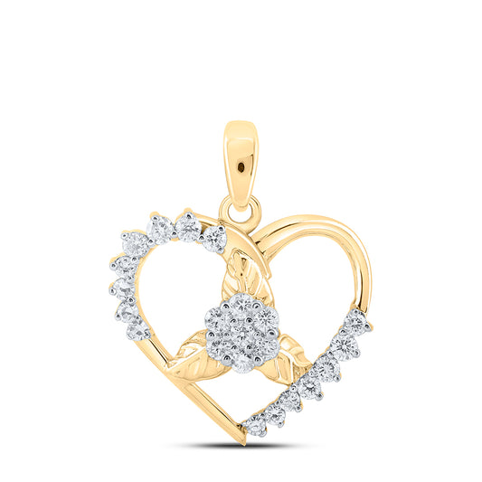 0.27 Ctw Natural Diamond Open Heart Flower Pendant in 10k Yellow Gold