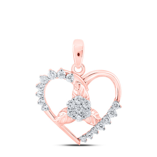 0.27 Ctw Natural Diamond Open Heart Flower Pendant in 10k Rose Gold