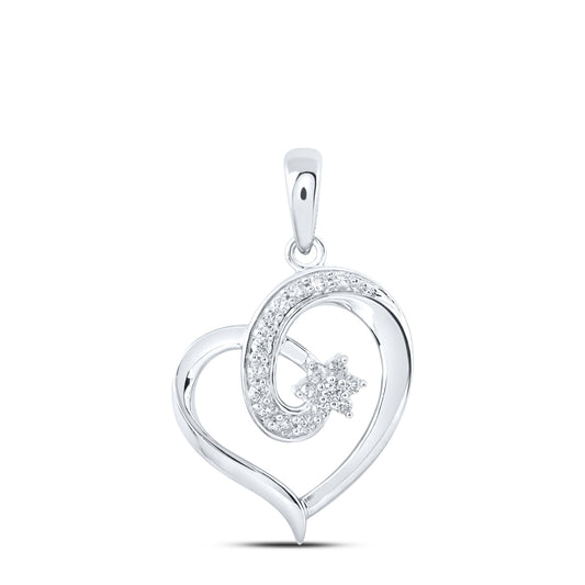 0.16 Ctw Natural Diamond Open Heart Flower Pendant in 10k White Gold
