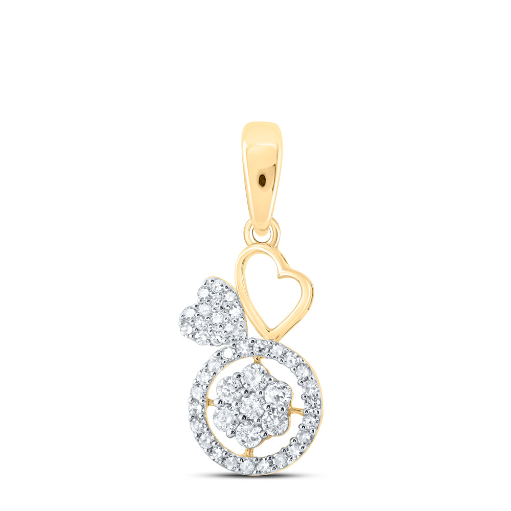 0.32 Ctw Natural Diamond Double Heart Flower Circle Border Pendant in 10k Yellow Gold