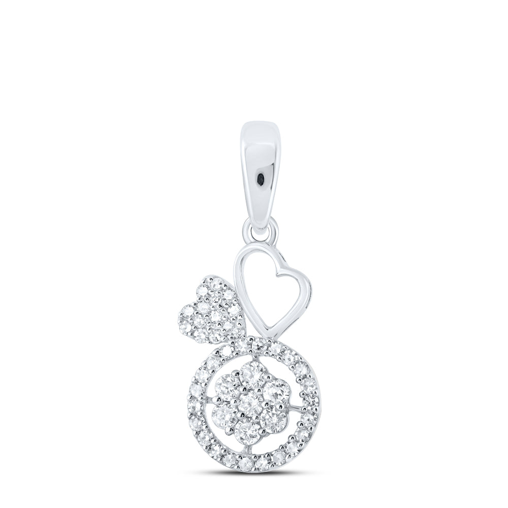 0.32 Ctw Natural Diamond Double Heart Flower Circle Border Pendant in 10k White Gold