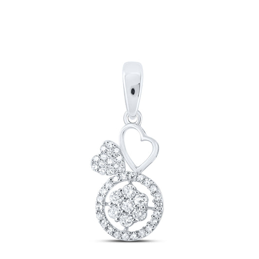 0.32 Ctw Natural Diamond Double Heart Flower Circle Border Pendant in 10k White Gold
