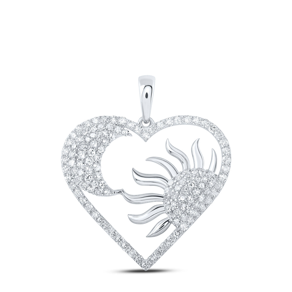 1.01 Ctw Natural Diamond Sun Moon Open Heart Pendant in 10k White Gold