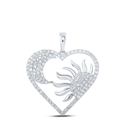 1.01 Ctw Natural Diamond Sun Moon Open Heart Pendant in 10k White Gold