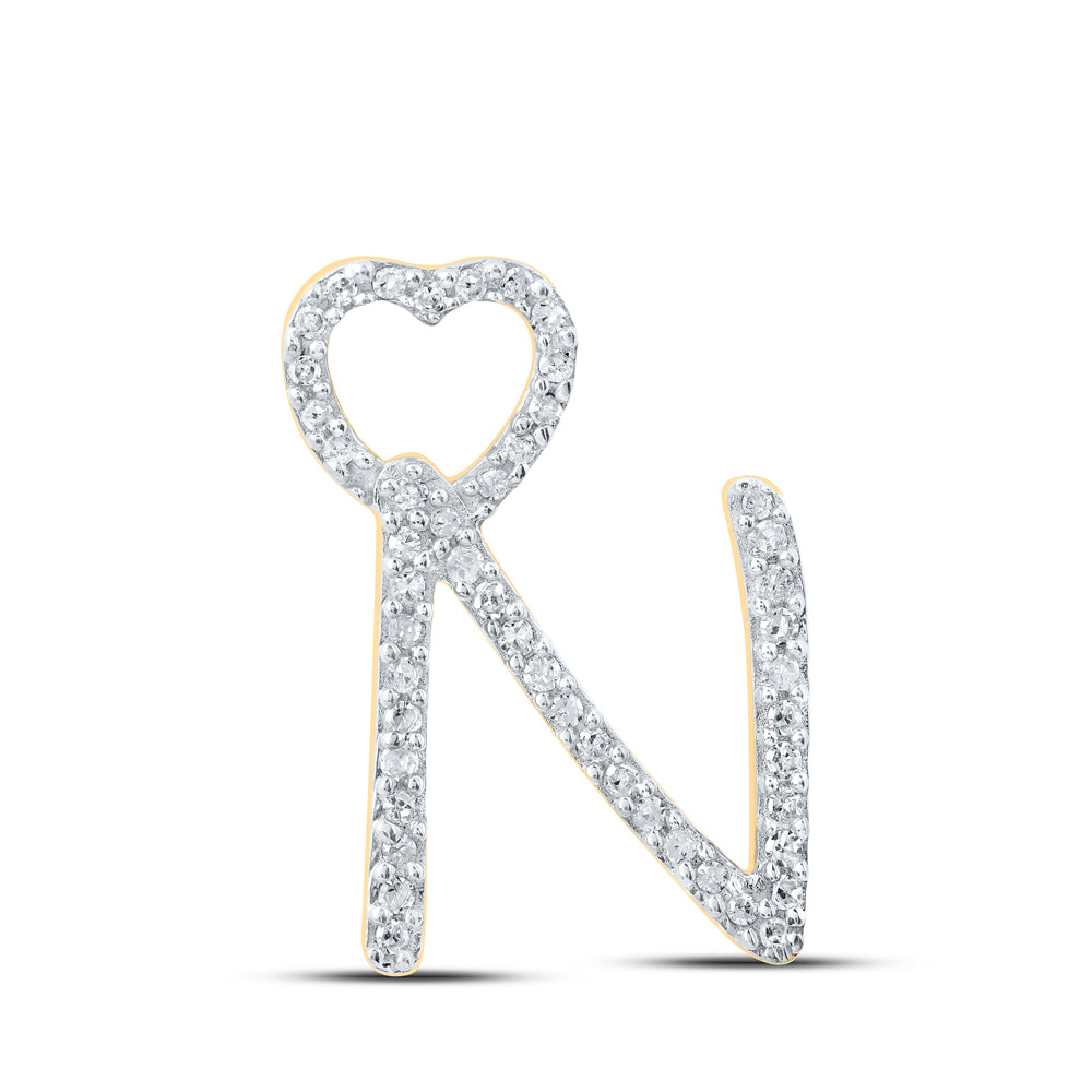 0.15 Ctw Natural Diamond Heart Initial Letter N Pendant in 10k Yellow Gold