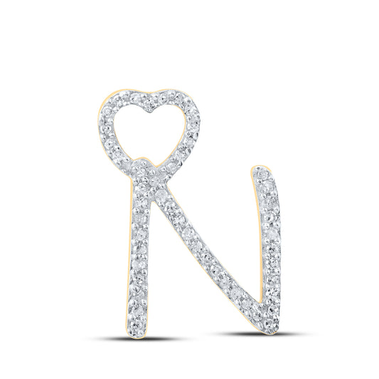 0.15 Ctw Natural Diamond Heart Initial Letter N Pendant in 10k Yellow Gold