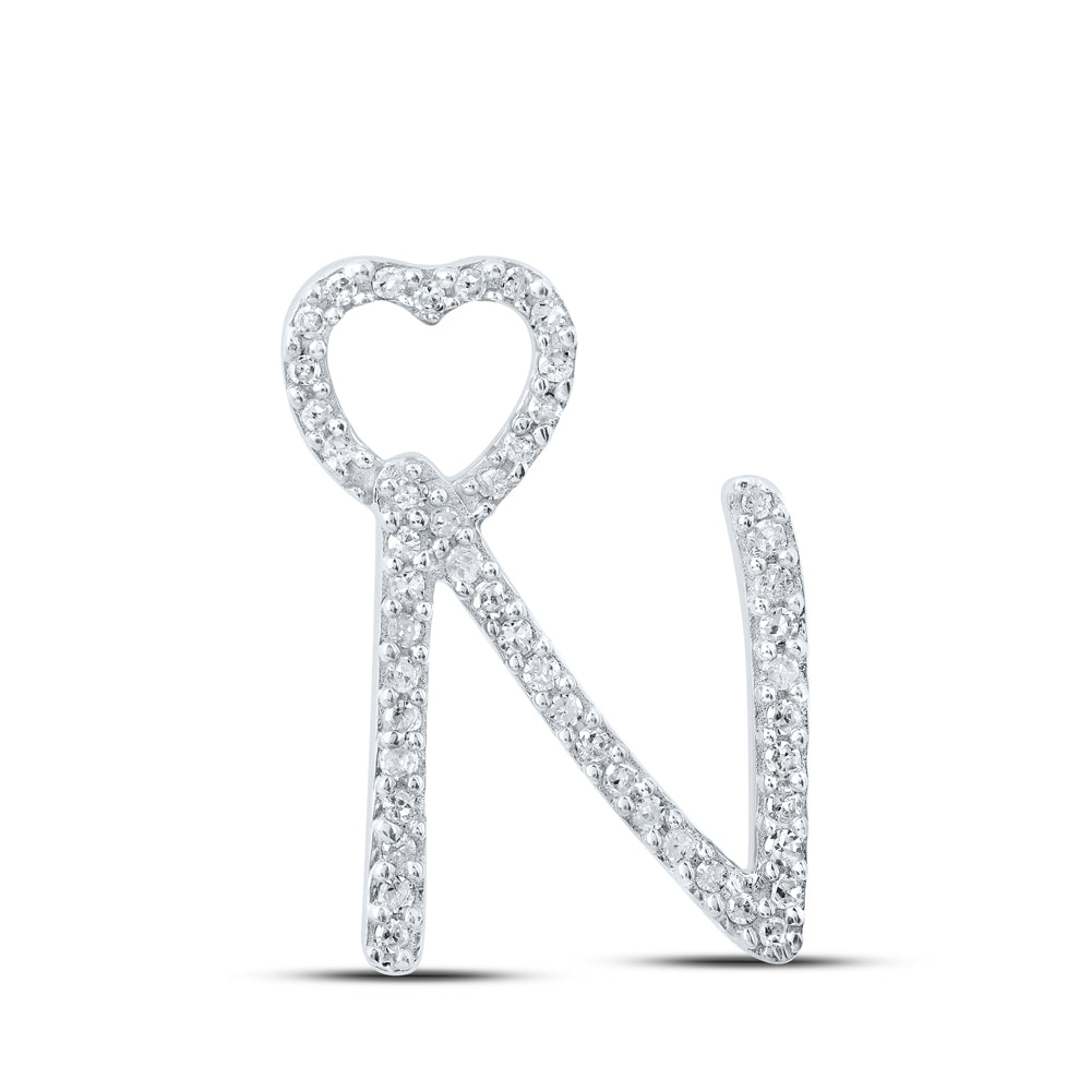0.15 Ctw Natural Diamond Heart Initial Letter N Pendant in 10k White Gold
