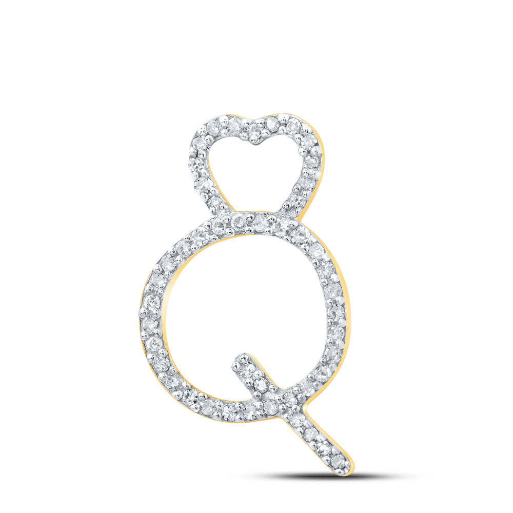 0.14 Ctw Natural Diamond Heart Initial Letter Q Pendant in 10k Yellow Gold