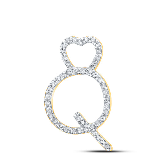 0.14 Ctw Natural Diamond Heart Initial Letter Q Pendant in 10k Yellow Gold