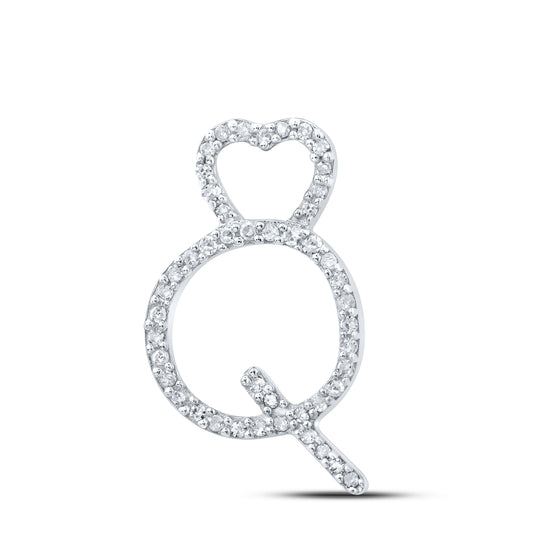 0.14 Ctw Natural Diamond Heart Initial Letter Q Pendant in 10k White Gold