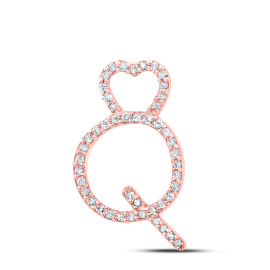 0.14 Ctw Natural Diamond Heart Initial Letter Q Pendant in 10k Rose Gold