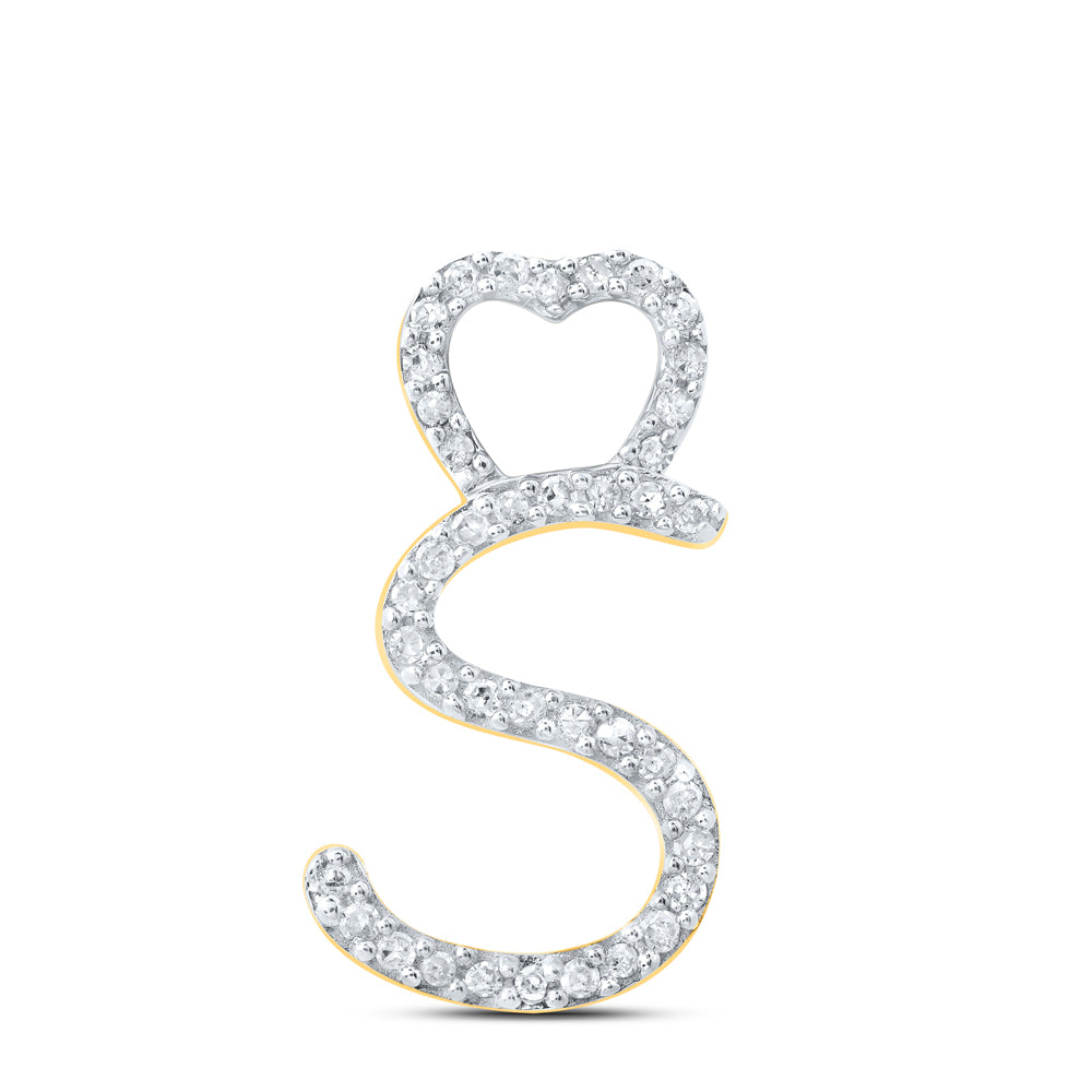 0.12 Ctw Natural Diamond Heart Initial Letter S Pendant in 10k Yellow Gold