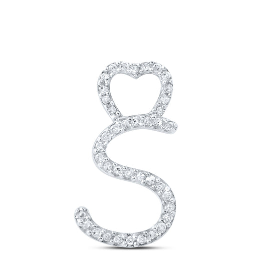 0.12 Ctw Natural Diamond Heart Initial Letter S Pendant in 10k White Gold