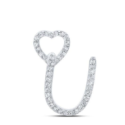 0.12 Ctw Natural Diamond Heart Initial Letter U Pendant in 10k White Gold