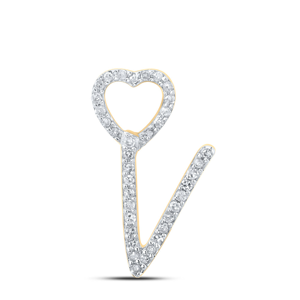 0.11 Ctw Natural Diamond Heart Initial Letter V Pendant in 10k Yellow Gold