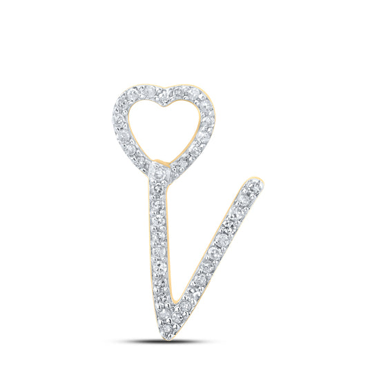 0.11 Ctw Natural Diamond Heart Initial Letter V Pendant in 10k Yellow Gold