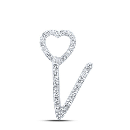 0.11 Ctw Natural Diamond Heart Initial Letter V Pendant in 10k White Gold