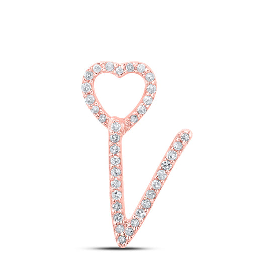 0.11 Ctw Natural Diamond Heart Initial Letter V Pendant in 10k Rose Gold