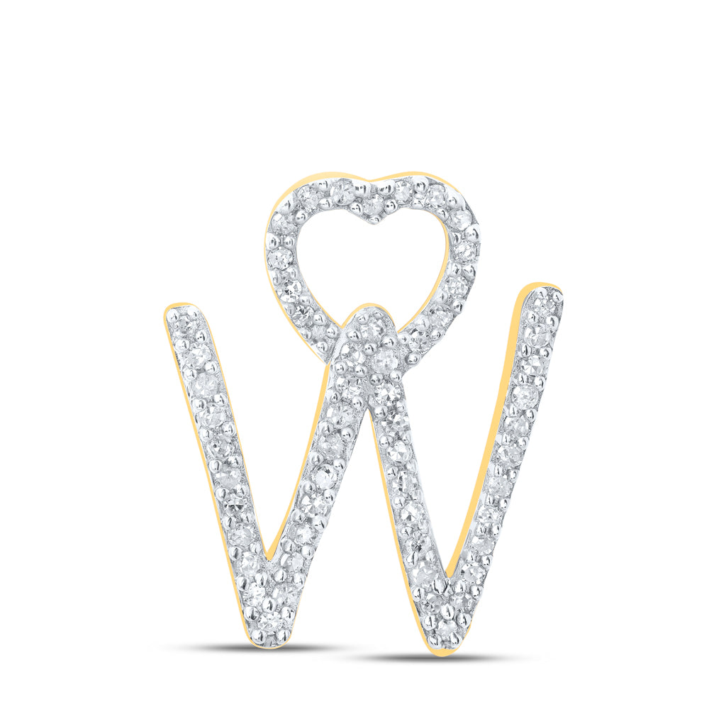 0.17 Ctw Natural Diamond Heart Initial Letter W Pendant in 10k Yellow Gold
