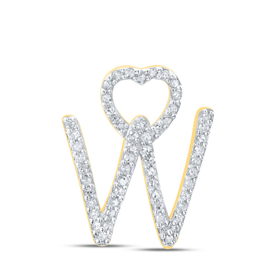 0.17 Ctw Natural Diamond Heart Initial Letter W Pendant in 10k Yellow Gold