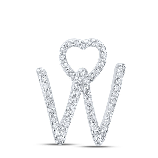 0.17 Ctw Natural Diamond Heart Initial Letter W Pendant in 10k White Gold