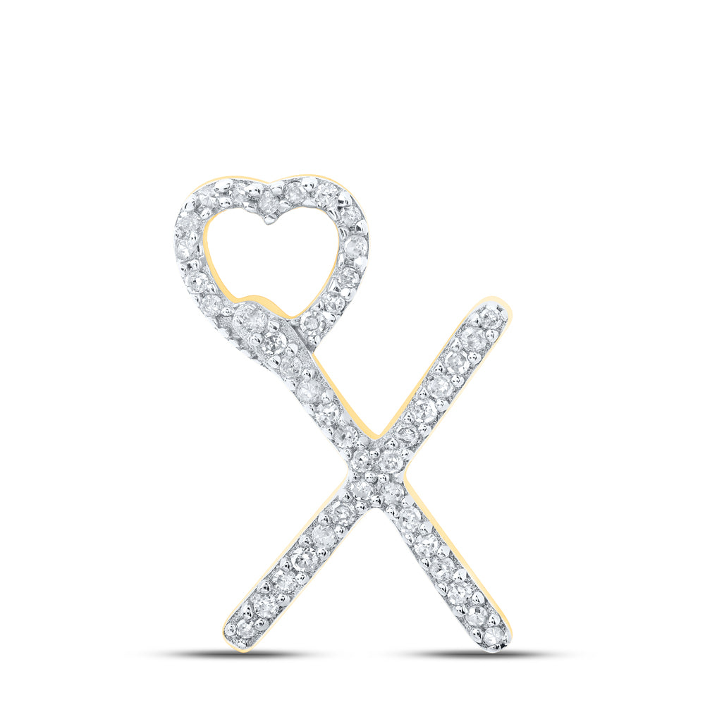 0.13 Ctw Natural Diamond Heart Initial Letter X Pendant in 10k Yellow Gold