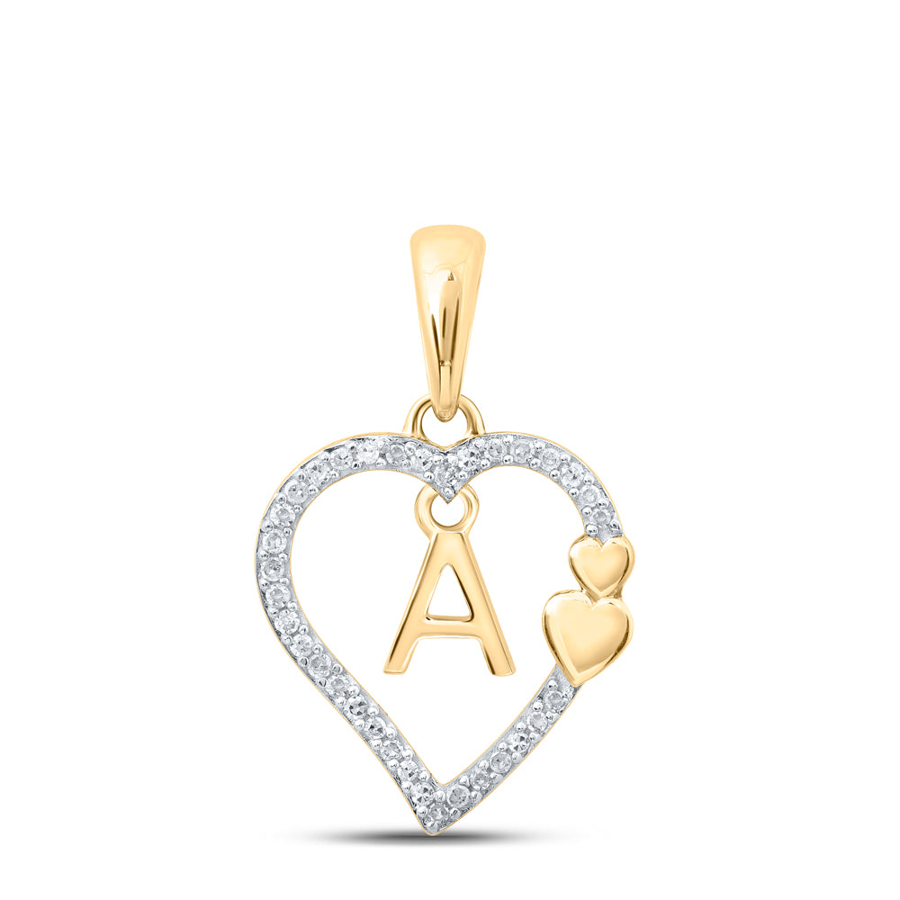 0.1 Ctw Natural Diamond Heart Dangle Initial Letter A Pendant in 10k Yellow Gold