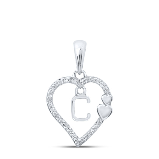 0.1 Ctw Natural Diamond Heart Dangle Initial Letter C Pendant in 10k White Gold
