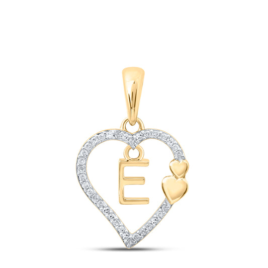 0.1 Ctw Natural Diamond Heart Dangle Initial Letter E Pendant in 10k Yellow Gold