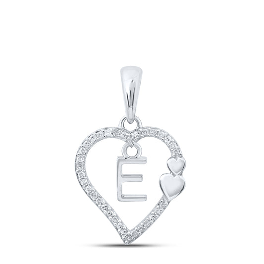 0.1 Ctw Natural Diamond Heart Dangle Initial Letter E Pendant in 10k White Gold